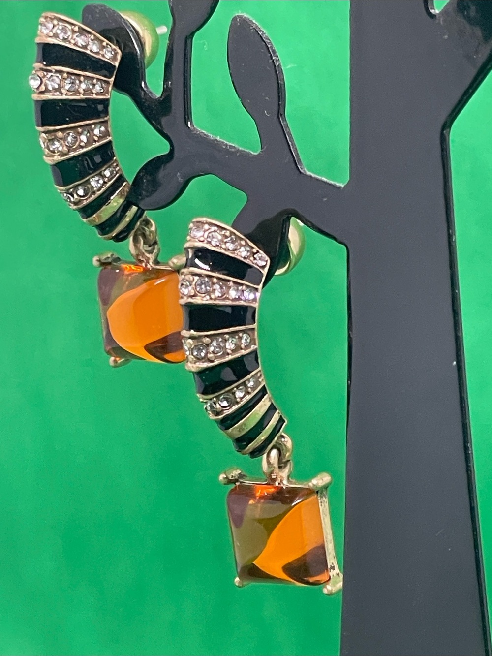 Gold-Tone Black and Amber Drop Earrings with Crystal Stripes